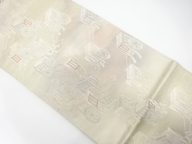 JAPANESE KIMONO / ANTIQUE FUKURO OBI / SILK / WOVEN CARRIAGE & STREAM